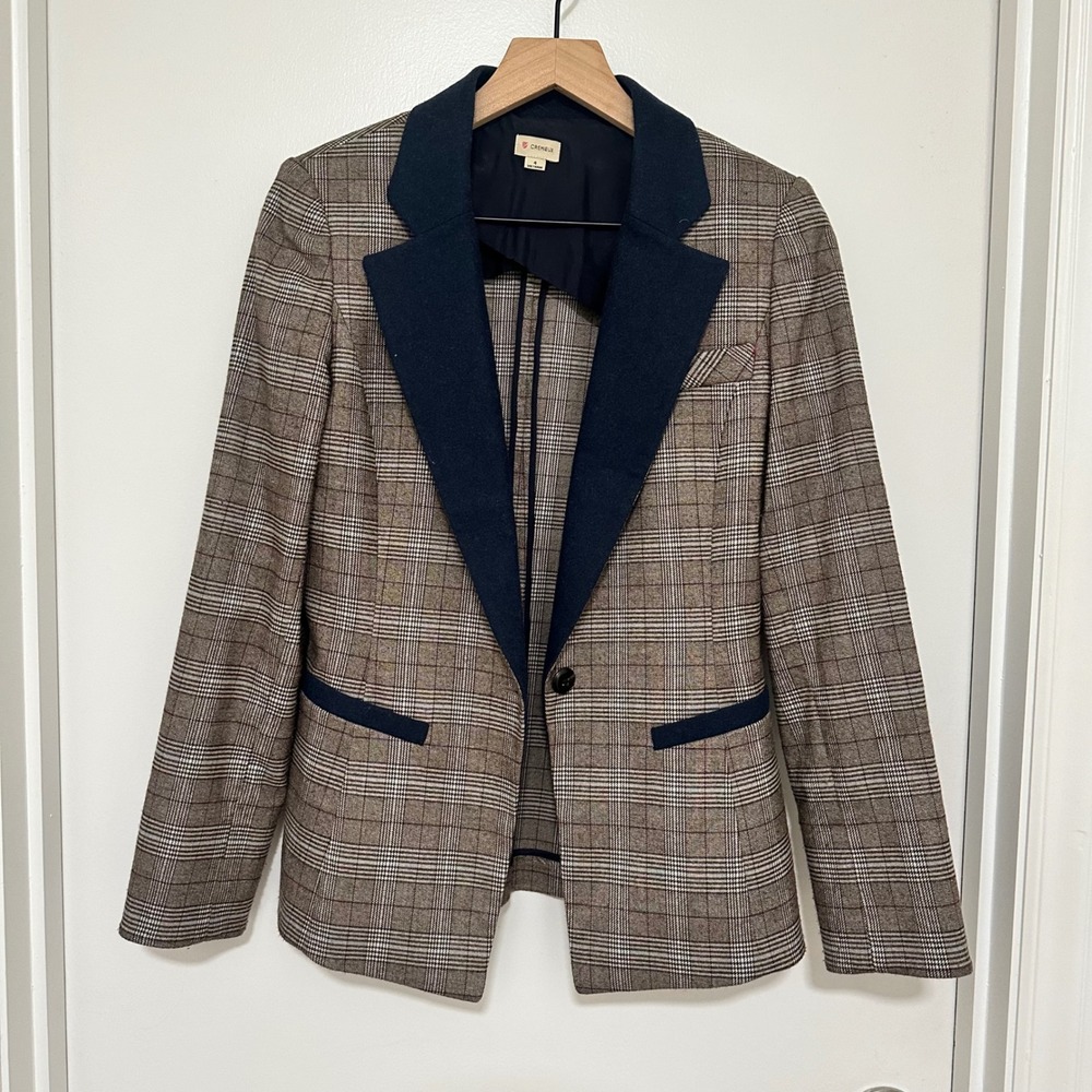Cremieux | Women's Brown‎ Glen Plaid Blazer Navy Blue Wool Blend Lapel Jacket, 4